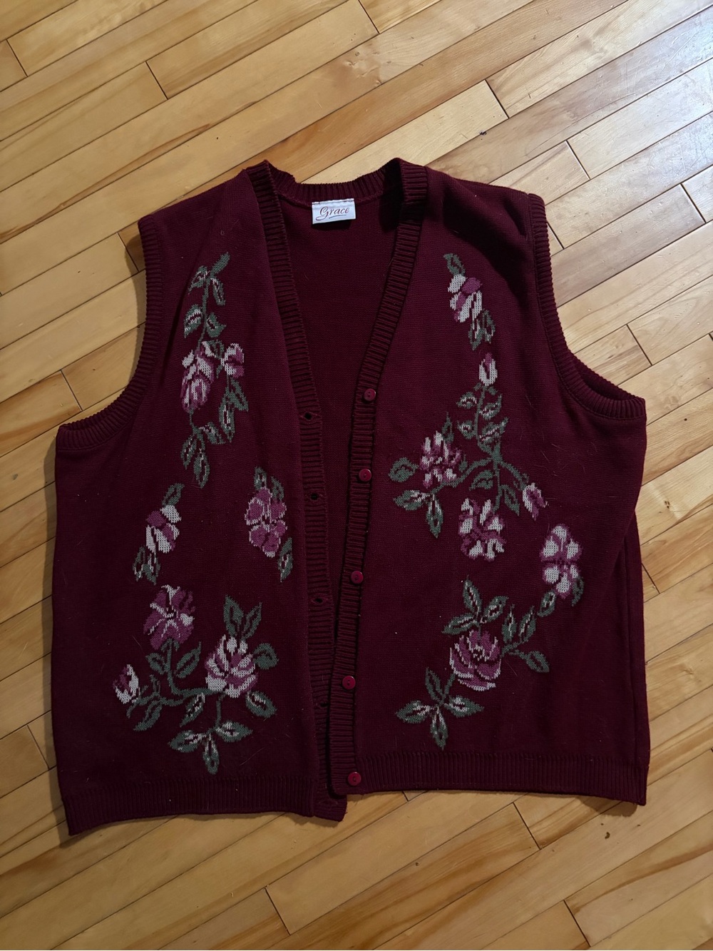 Grace VINTAGE Burgundy Floral Knit Sweater Vest
